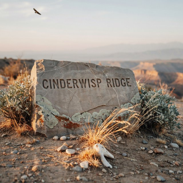At a high desert canyon overlook, a weathered granite trail marker rises among sage and pale grasses; "CINDERWISP RIDGE" is deeply carved across its broad face, the cut letters catching slanting amber light. — Ideogram v4