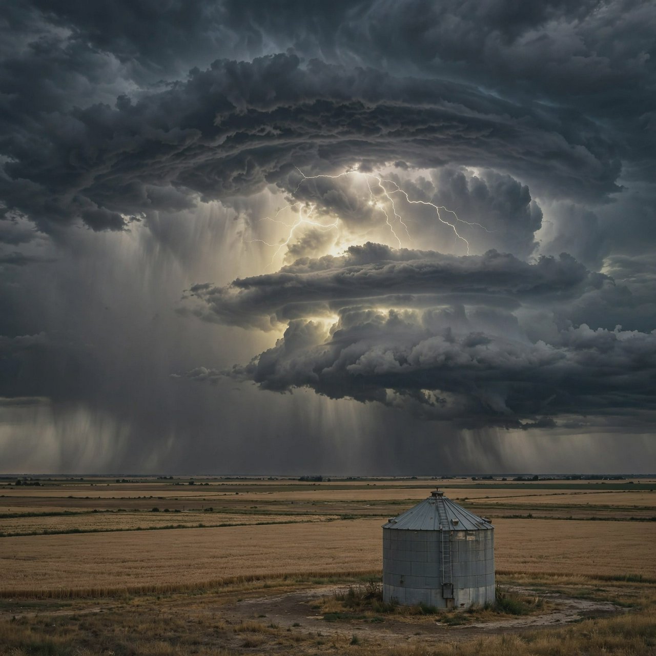 A supercell thunderstorm over flat farmland, lightning inside the cloud, a lone grain silo, dramatic but realistic. — Muse Image 1.0