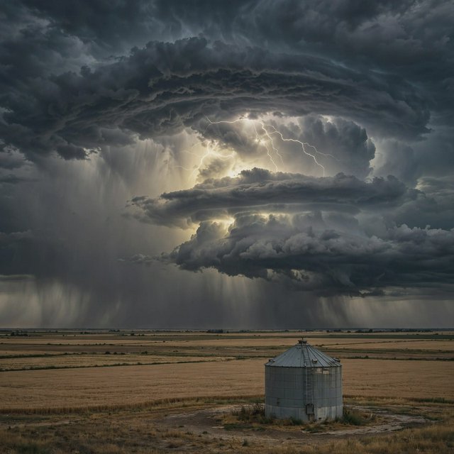 A supercell thunderstorm over flat farmland, lightning inside the cloud, a lone grain silo, dramatic but realistic. — Muse Image 1.0