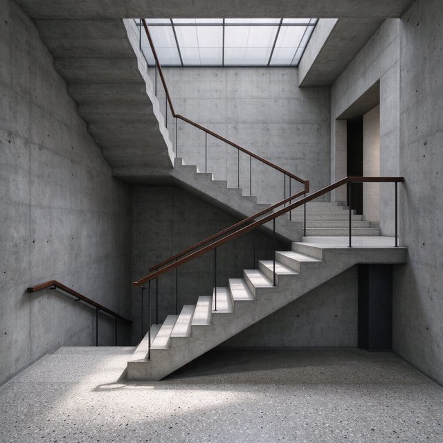 At the heart of a restrained Brutalist museum, a folded concrete stair rises beside smoked-oak handrails and terrazzo landings; skylight washes the treads, seen from the lower landing, with aligned flights and believable supports. — Seedream 5.0 Flash