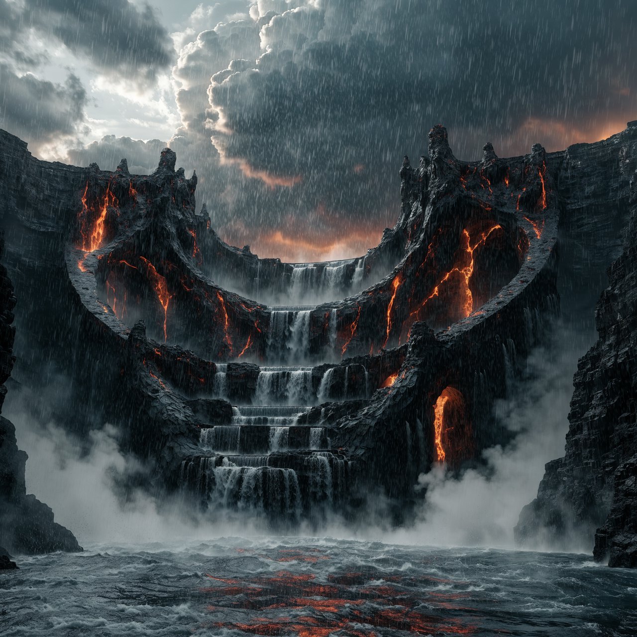 A colossal ring-shaped dam bridges a volcanic caldera, its black stone spillways veined with molten light. Rain veils the terraces as steam rises into a bruised dusk sky. — Recraft v4 Pro