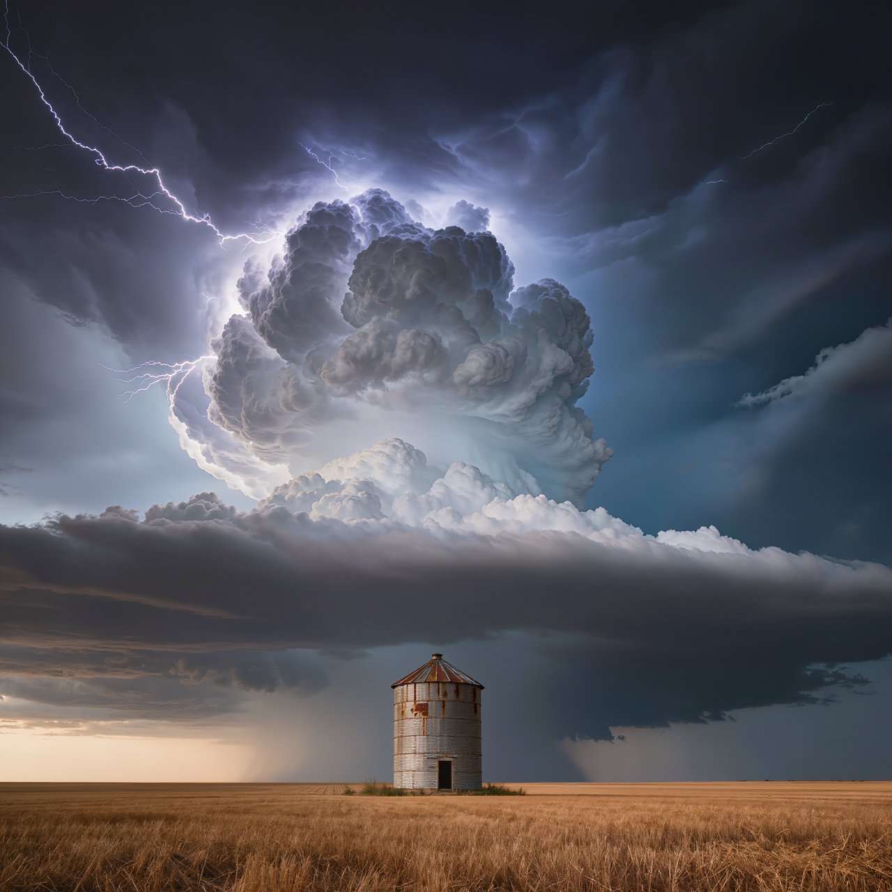 A supercell thunderstorm over flat farmland, lightning inside the cloud, a lone grain silo, dramatic but realistic. — Kling v3