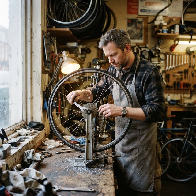 Candid documentary photograph of an adult bicycle mechanic tightening a wheel in a modest repair shop, cool window light mixing with a warm work lamp, 35mm lens with moderate depth of field, fine metal filings caught on the workbench. — Nano Banana 2 Lite