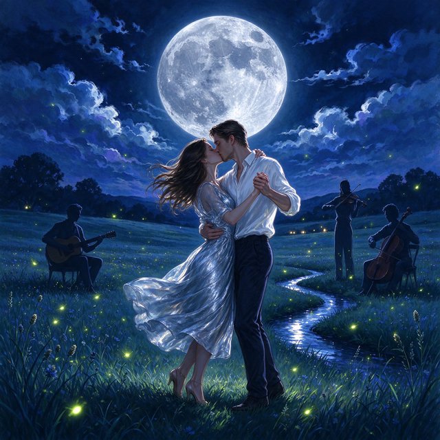 An illustration of a young adult European couple sharing a kiss while dancing in a moonlit meadow, with tall grass, fireflies, musicians playing music, and a huge silver moon overhead. — Seedream 5.0 Flash