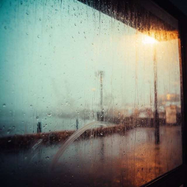 Raindrops crawl down a bus shelter pane, warping blurred harbor lights beyond. A handheld evening street snapshot in cool sodium glow, shot at 50mm with shallow depth of field, catches tiny water trails and a faint wipe mark. — Krea 2 Large