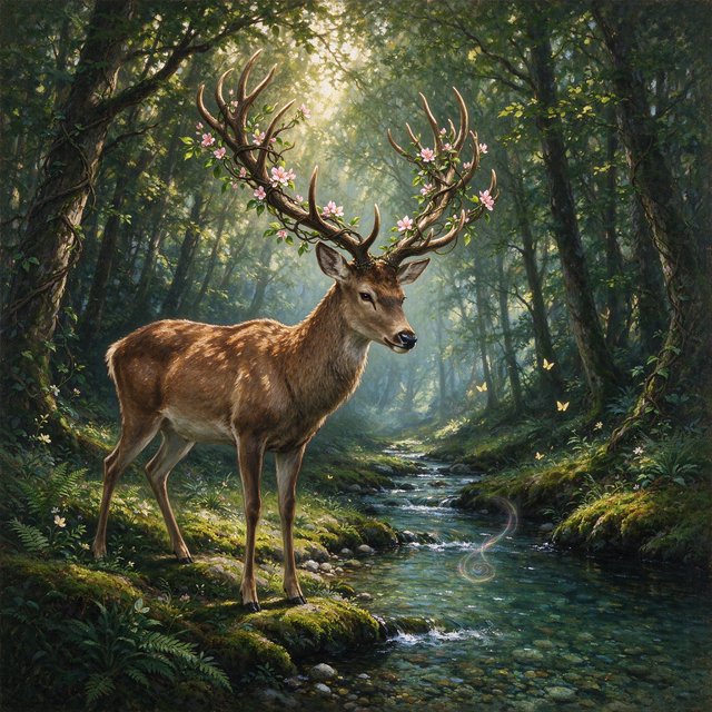 A majestic deer, its antlers intertwined with blooming vines, pauses by a crystal-clear stream in an enchanted glade. Sunlight filters through the canopy, dappling the forest floor. This is an oil painting with a rich, textured surface, capturing the dreamlike atmosphere of the scene. — Seedream 5.0 Flash