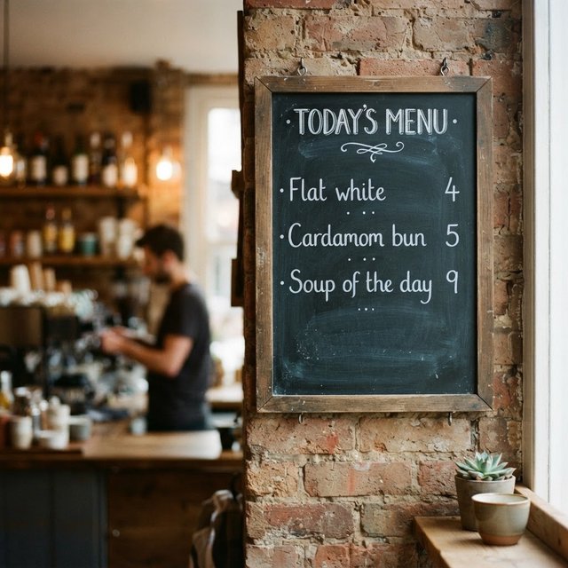 A café chalkboard listing exactly three items: "Flat white 4", "Cardamom bun 5", "Soup of the day 9", in neat chalk handwriting. — Nano Banana 2 Lite