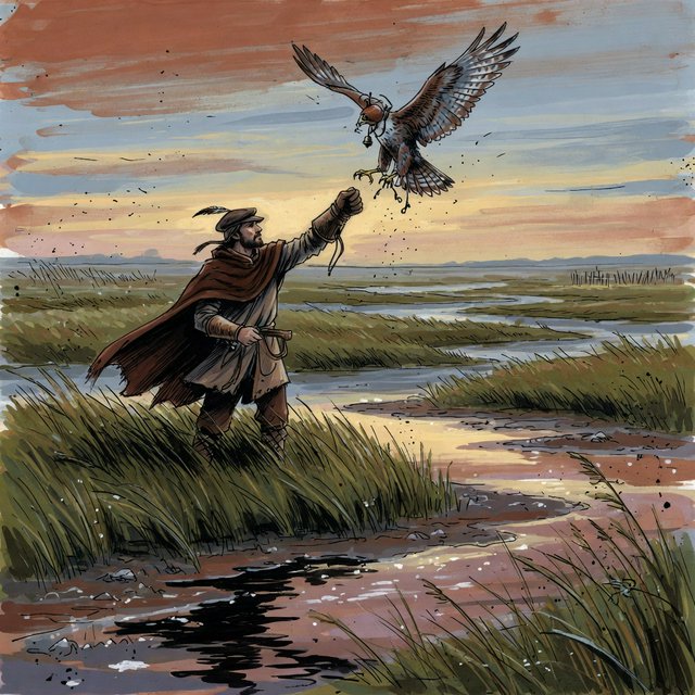 Ink-and-gouache illustration of an adult falconer releasing a hawk above a salt marsh, reeds bending in the wind and tidal pools catching sunset. Palette of rust, moss green, pale gold, and slate blue, with lively brushwork. — Grok Imagine Image Quality