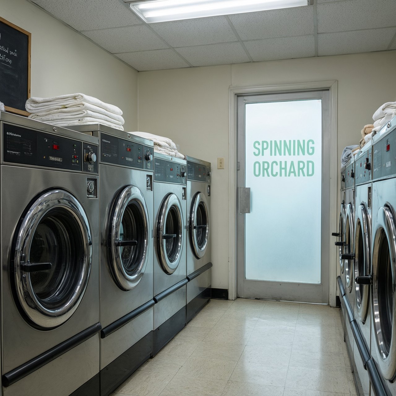 Inside a quiet neighborhood laundromat, chrome machines and folded linen glow beneath cool ceiling lights; "SPINNING ORCHARD" is printed in pale mint letters on the frosted glass entry door. — Qwen Image 3.0 Pro