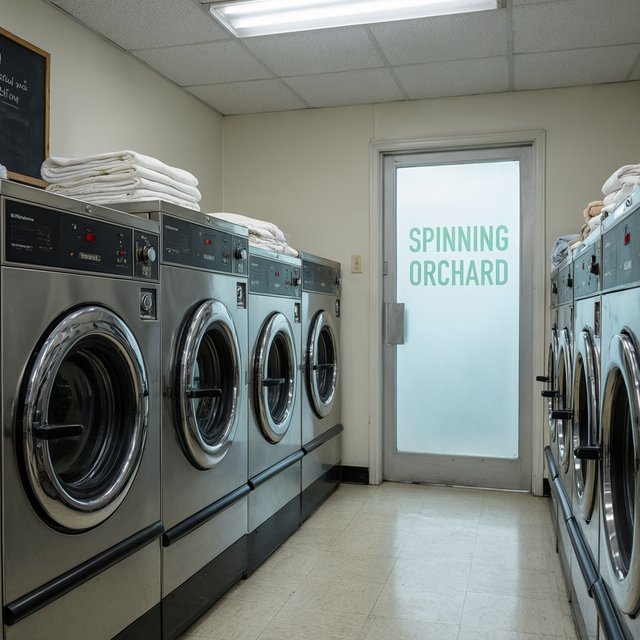 Inside a quiet neighborhood laundromat, chrome machines and folded linen glow beneath cool ceiling lights; "SPINNING ORCHARD" is printed in pale mint letters on the frosted glass entry door. — Qwen Image 3.0 Pro