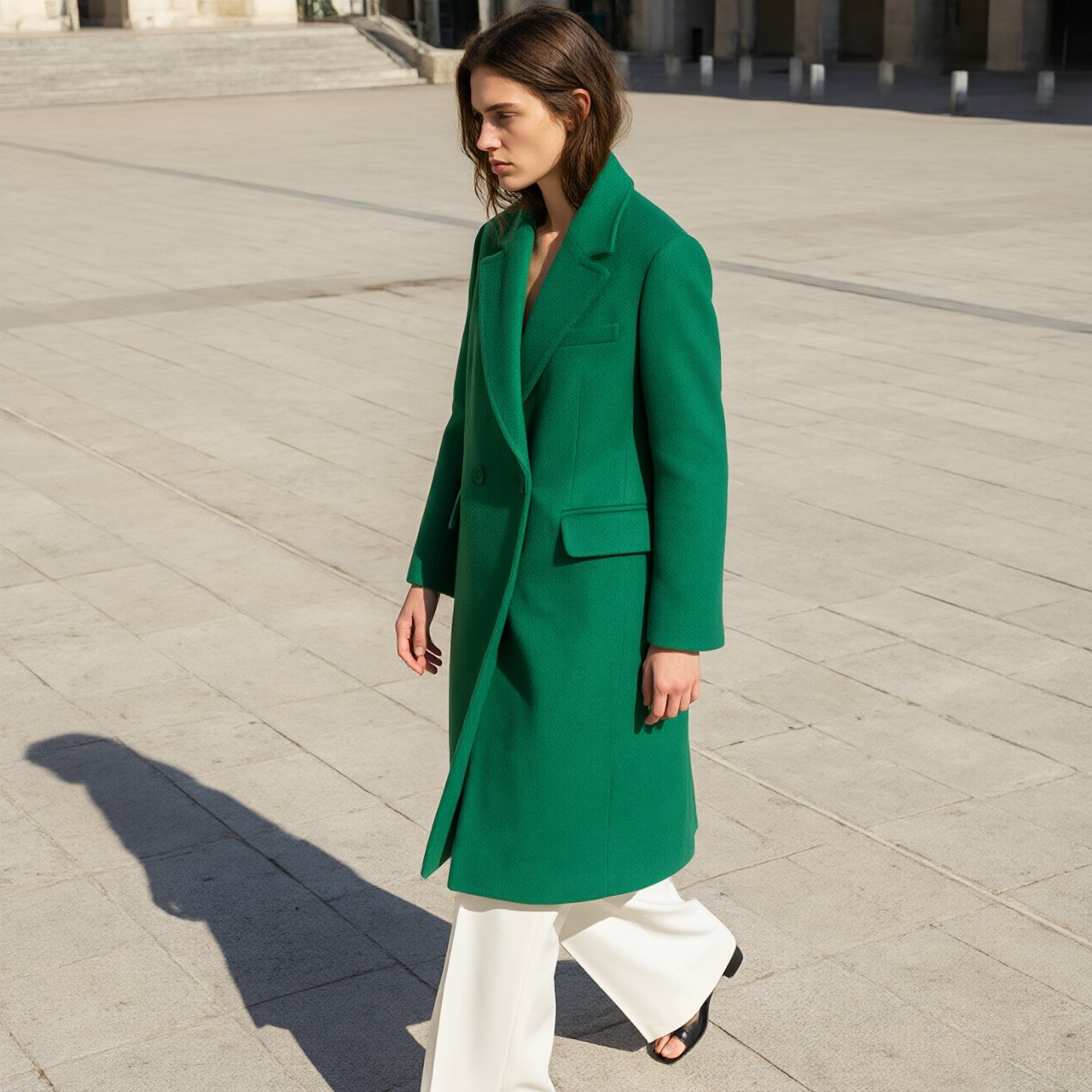 Full-length fashion editorial: model in a structured emerald wool coat and white trousers walking across a wide empty plaza, harsh midday sun, long shadow. — Qwen Image 3.0