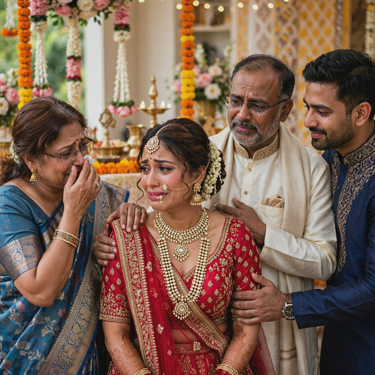 A realistic scene of an Indian wedding showing the emotions of the adult bride and her adult family members — Muse Image 1.0