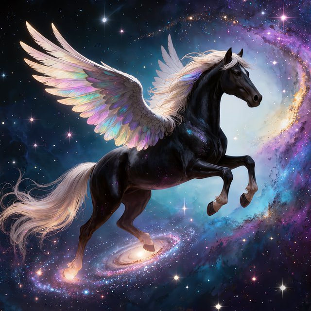 A majestic winged horse, with iridescent feathers and a coat like polished obsidian, is soaring through a celestial realm filled with nebulae and shimmering stardust. Around its hooves, tiny galaxies spiral outwards. The style is reminiscent of intricate fantasy illustration, with glowing, ethereal colors and a sense of deep cosmic wonder — Kling v3