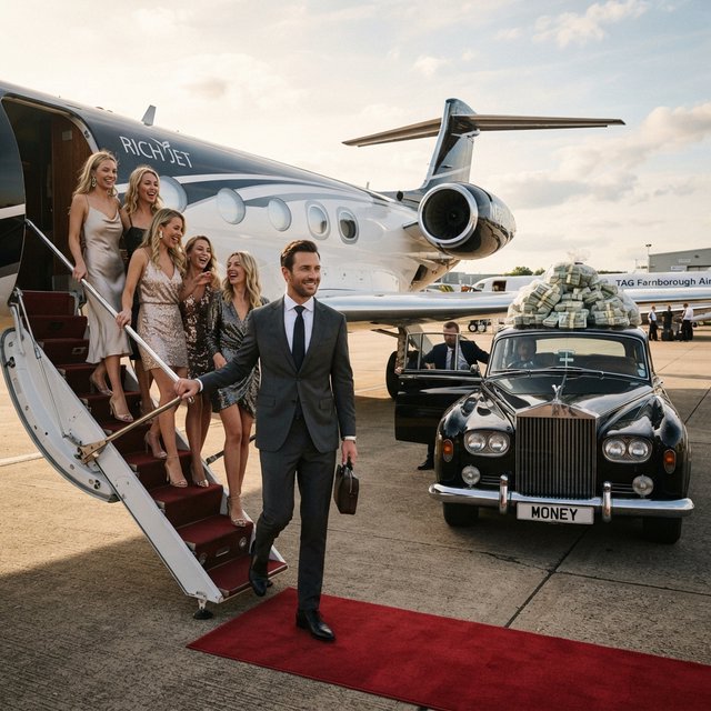 A man dressed in very nice formal clothes is getting off a private black-and-white plane. Many beautiful adult women in dresses are following the man. The man is heading toward a very high-end classic black car. The word "Money" is on the car's license plate. On top of the car is a ton of money. It is the afternoon. The vibe is cool and rich. — Nano Banana 2 Lite