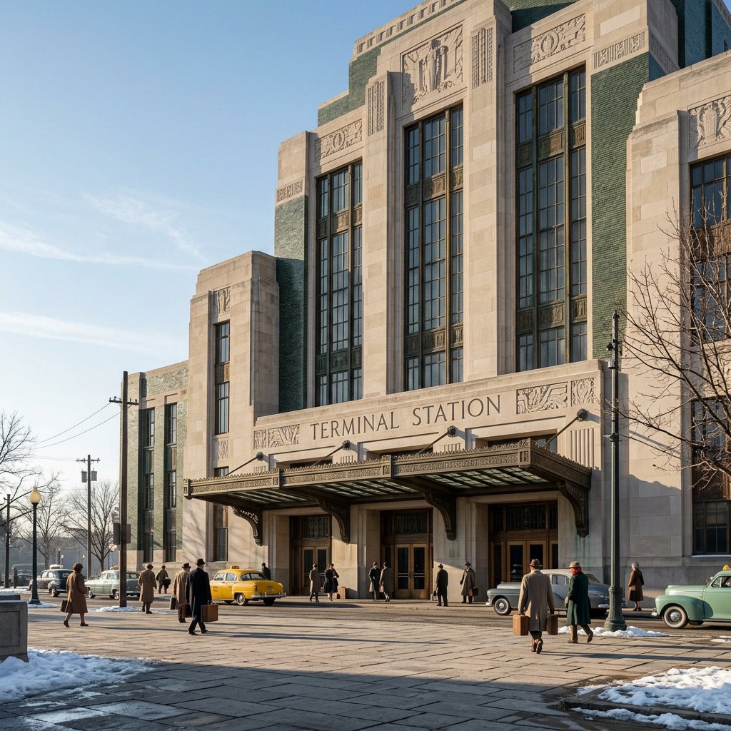 Exterior of an Art Deco railway terminal in pale limestone and dark green glazed brick, with stepped massing, bronze-framed windows, and a broad canopy; clear winter morning light, viewed from the station forecourt, precise lines and credible structure. — Nano Banana 2.1