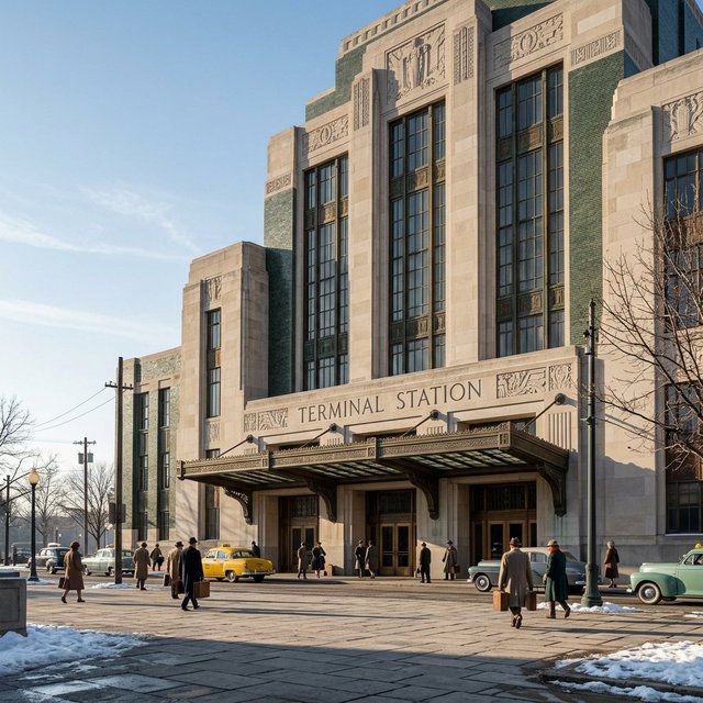 Exterior of an Art Deco railway terminal in pale limestone and dark green glazed brick, with stepped massing, bronze-framed windows, and a broad canopy; clear winter morning light, viewed from the station forecourt, precise lines and credible structure. — Nano Banana 2.1