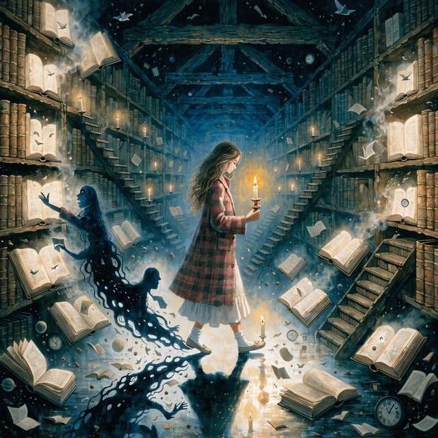 In an infinite library where floating staircases defy gravity, a young woman carries a candle through endless shelves. Her shadow has quietly detached itself from her feet and now wanders independently among the towering bookcases, secretly opening glowing books filled with forgotten memories. Each open page reveals miniature worlds: flying origami birds, drifting clocks, and tiny ghostly figures. The woman's candlelight creates impossible reflections, revealing dozens of alternative shadows with distinct personalities. Dreamlike surrealism, warm golden candlelight set against deep blue darkness, intricate details, magical realism, painterly. — Recraft v4