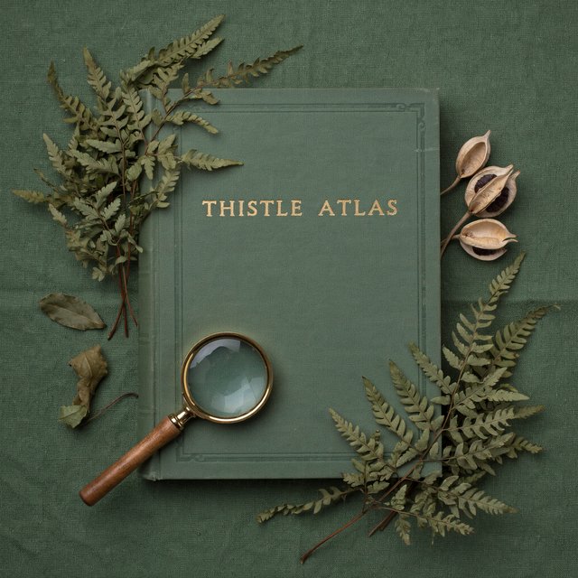 Pressed fern fronds, seed pods, and a magnifying lens frame a naturalist’s field-guide book cover on moss-green cloth; “THISTLE ATLAS” spans the upper third in hand-cut ivory serif capitals, with no other legible writing. — Model 7