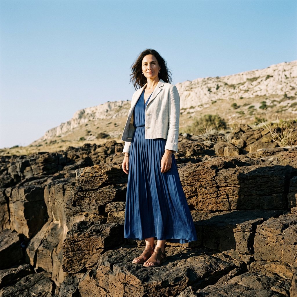 Across a basalt terrace, an adult woman in her early forties poses in a full-length fashion photograph, wearing a pleated indigo silk dress and cropped linen jacket, her composed half-smile lit by hard afternoon sunlight from one side against a pale limestone ridge. — Nano Banana 2.1