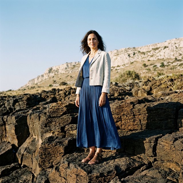 Across a basalt terrace, an adult woman in her early forties poses in a full-length fashion photograph, wearing a pleated indigo silk dress and cropped linen jacket, her composed half-smile lit by hard afternoon sunlight from one side against a pale limestone ridge. — Nano Banana 2.1