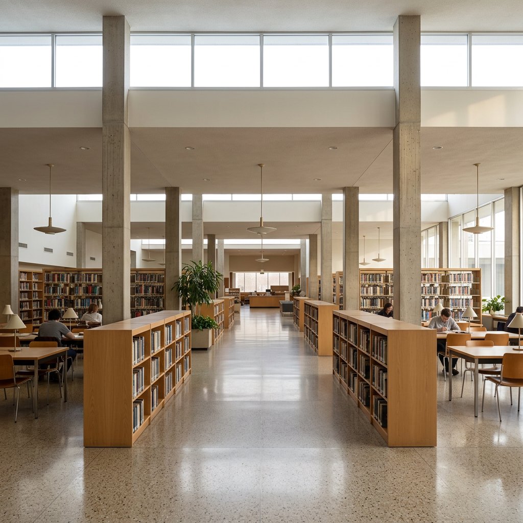 Interior of a mid-century modernist public library, with pale oak shelving, exposed concrete columns, terrazzo flooring, and a broad clerestory. Diffuse morning light crosses the reading hall, viewed from the entrance down its central aisle, with precise lines and plausible structure. — Nano Banana 2.1