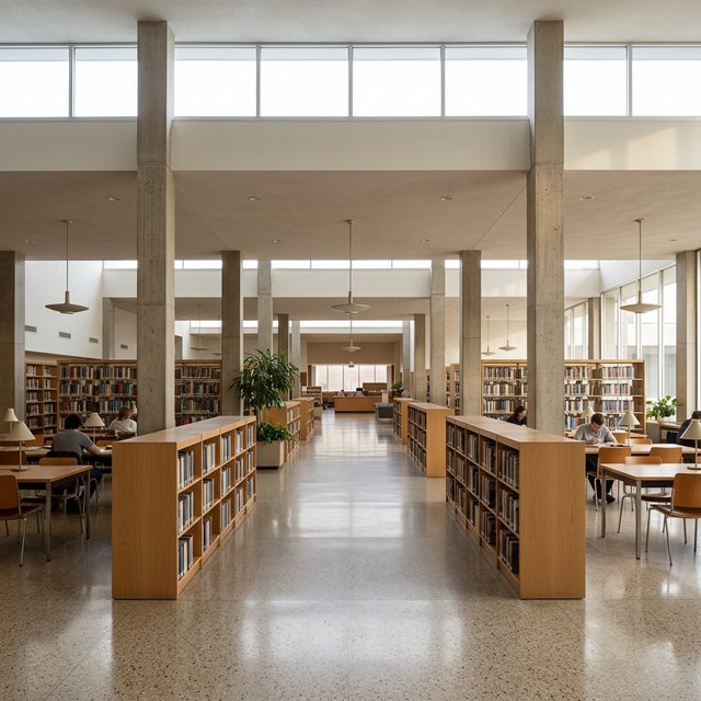 Interior of a mid-century modernist public library, with pale oak shelving, exposed concrete columns, terrazzo flooring, and a broad clerestory. Diffuse morning light crosses the reading hall, viewed from the entrance down its central aisle, with precise lines and plausible structure. — Nano Banana 2.1