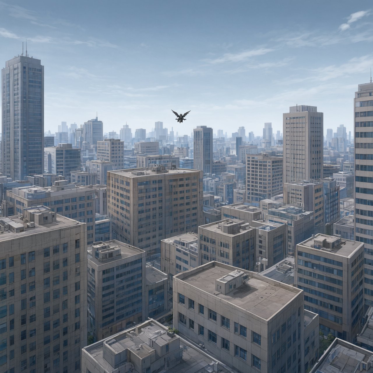 Clean cel-shaded painted cityscape, wide high-angle elevated rooftop level shot looking out over dense modern downtown office buildings, small dark winged figure hovering above central midground rooftops, pale overcast deep blue sky with wispy white clouds, diffused even daylight lighting with soft subtle ambient shadows, muted cool grey, beige, blue building facades with uniform office windows, flat concrete building rooftops, receding hazy distant city skyline with atmospheric perspective, eye level relative to building tops, no outlines, smooth flat color rendering, no grain. — Qwen Image 3.0 Pro