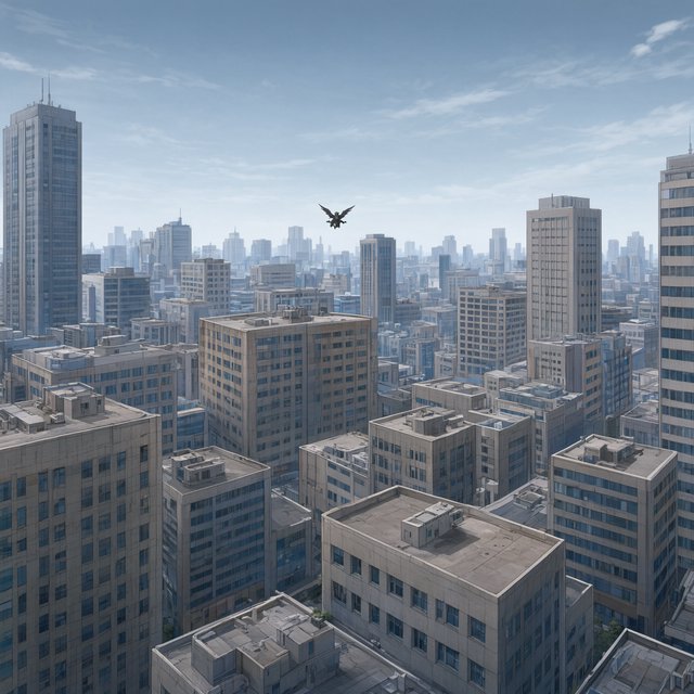 Clean cel-shaded painted cityscape, wide high-angle elevated rooftop level shot looking out over dense modern downtown office buildings, small dark winged figure hovering above central midground rooftops, pale overcast deep blue sky with wispy white clouds, diffused even daylight lighting with soft subtle ambient shadows, muted cool grey, beige, blue building facades with uniform office windows, flat concrete building rooftops, receding hazy distant city skyline with atmospheric perspective, eye level relative to building tops, no outlines, smooth flat color rendering, no grain. — Qwen Image 3.0 Pro