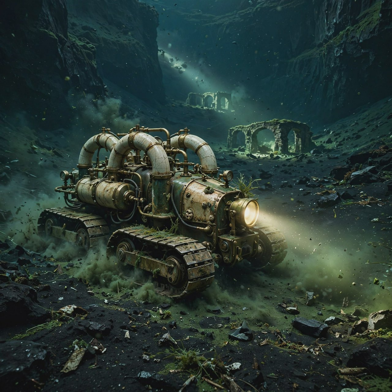 A brass-and-ceramic deep-sea crawler with arched pressure tanks trundles across the floor of a sunken obsidian caldera. Its searchlight cuts through green silt, revealing ruined stone arches far below the surface. — Muse Image 1.0