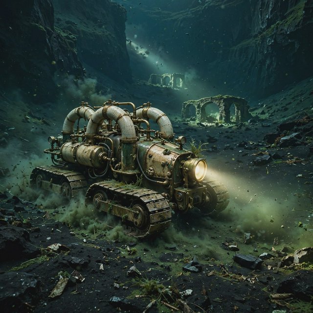 A brass-and-ceramic deep-sea crawler with arched pressure tanks trundles across the floor of a sunken obsidian caldera. Its searchlight cuts through green silt, revealing ruined stone arches far below the surface. — Muse Image 1.0