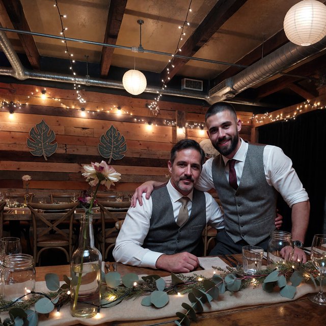 (Character1: rugby player body type, tall, brunet male, age 30, buzzcut hair and neatly groomed matching beard). Medium eye-level shot, photorealistic, two men seated at a wooden banquet table: the left middle-aged man wears a white dress shirt, charcoal waistcoat, and taupe tie, with his right arm on the table; the right man, Character1, smiles directly at the camera, wearing a white dress shirt, grey waistcoat, maroon tie, and a watch on his left wrist, with his left arm draped over the first man's shoulder. In the foreground: a table runner with eucalyptus sprigs, small fairy lights, a bottle holding flowers, a glass jar, and a water glass. Background: an exposed light horizontal wood plank wall with two decorative leaf panels, an exposed industrial ceiling with hanging paper lanterns, and fairy string lights. Warm, soft ambient overhead event lighting, natural indoor venue atmosphere, shallow depth of field. Art style: dramatic painterly realism with realistic skin texture, strong chiaroscuro, slightly gritty textured brushwork, fantasy illustration mood. — ImagineArt 1.5 Pro