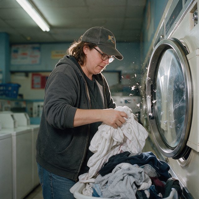 Candid documentary photograph of an adult sorting laundry in a neighborhood laundromat, cool fluorescent light, 35mm lens with moderate depth of field, lint specks floating near a tumbling dryer door. — Seedream 5.0 Pro