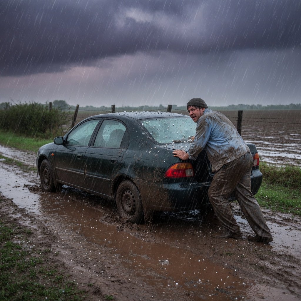 A man is pushing his car, which is stuck in the mud, amid heavy rain in the countryside. The sky is gloomy, and some hail is also falling on the car and the ground. The big man has mud all over his trousers. Show him struggling. — Grok Imagine Image Quality