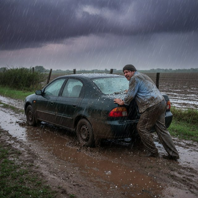 A man is pushing his car, which is stuck in the mud, amid heavy rain in the countryside. The sky is gloomy, and some hail is also falling on the car and the ground. The big man has mud all over his trousers. Show him struggling. — Grok Imagine Image Quality