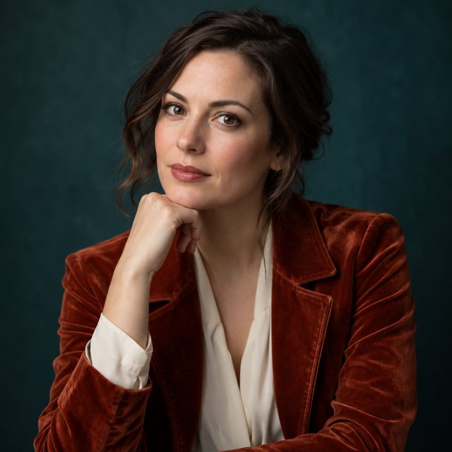 Portrait of an adult woman in her 30s wearing a rust-colored velvet jacket over an ivory blouse, one hand resting beneath her chin, thoughtful expression, deep teal studio backdrop, soft side lighting and gentle cheek highlights. — GPT Image 2.5 Sunburst
