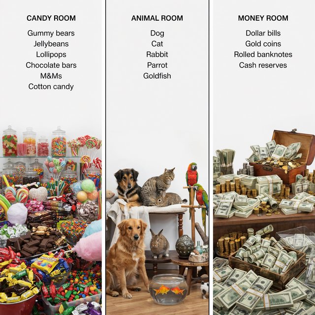 Realistic. Three scenes in one. 1) A room filled with many types of candy. 2) A room filled with many kinds of animals. 3) A room filled with all kinds of money. Above each room, a list names what is inside. — Ideogram v4.5