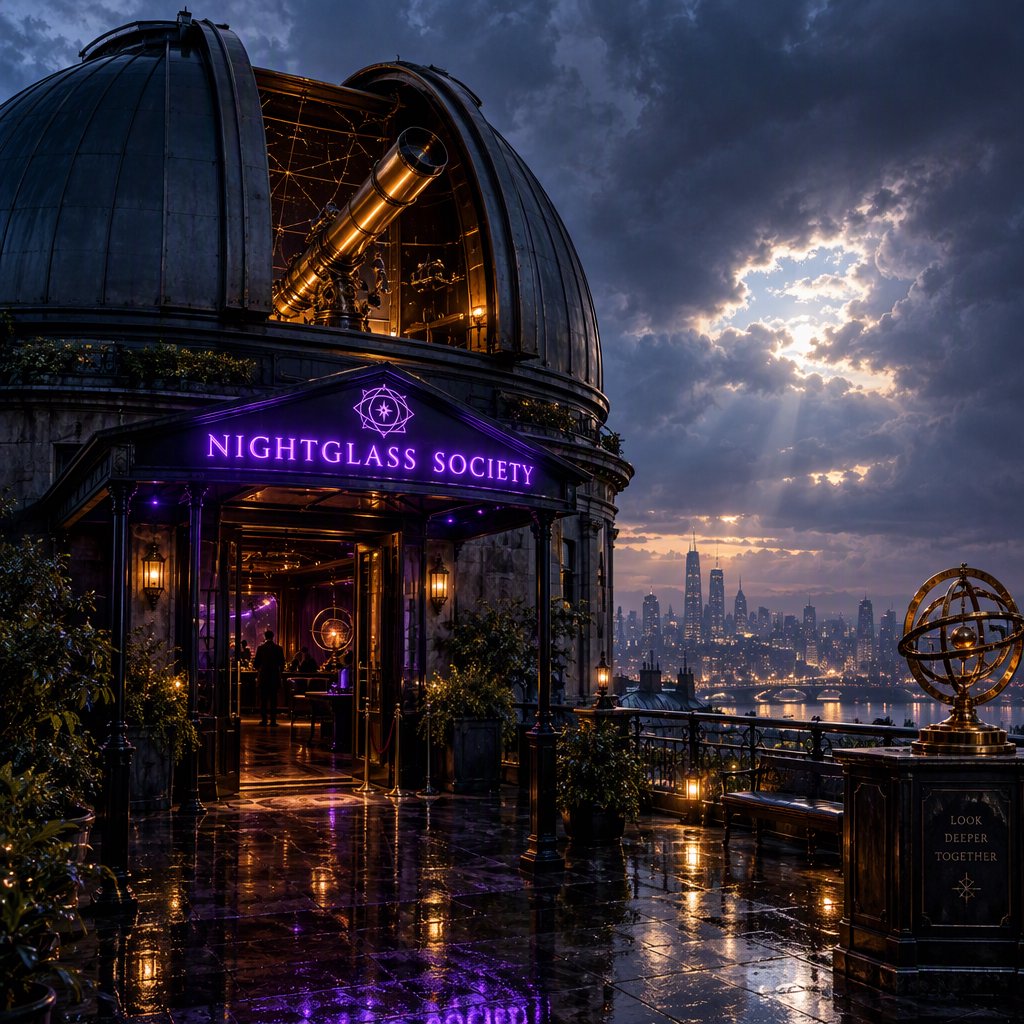 On a rain-darkened rooftop observatory, brass instruments gleam beneath a sliding dome while clouds part above the city; "NIGHTGLASS SOCIETY" glows in violet neon along the entrance canopy. — GPT Image 2.5 Flare