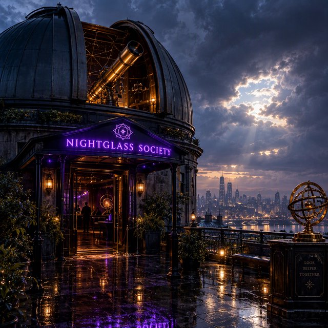 On a rain-darkened rooftop observatory, brass instruments gleam beneath a sliding dome while clouds part above the city; "NIGHTGLASS SOCIETY" glows in violet neon along the entrance canopy. — GPT Image 2.5 Flare