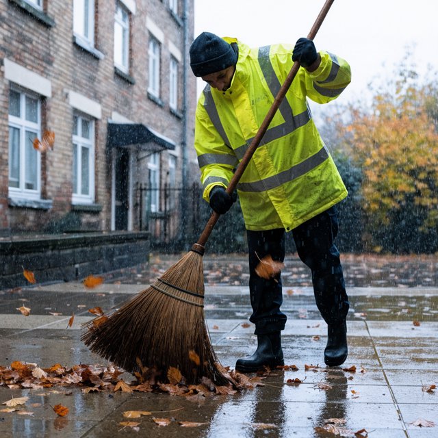 Candid documentary photograph of an adult groundskeeper sweeping damp leaves from an apartment courtyard, pale overcast morning light, 35mm lens with moderate depth of field, a few leaves caught midair in motion blur. — Recraft v4