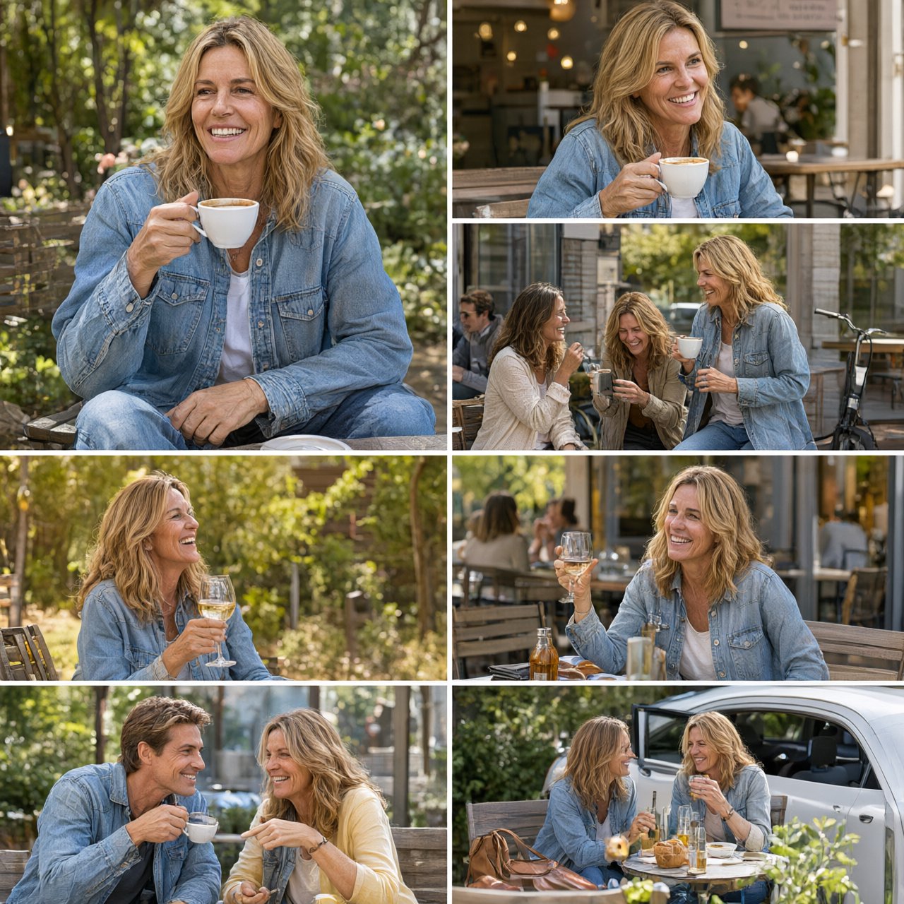 A realistic multi-panel composition with 4–7 panels, each depicting an adult enjoying a wonderful day in a distinct everyday setting. — Qwen Image 3.0