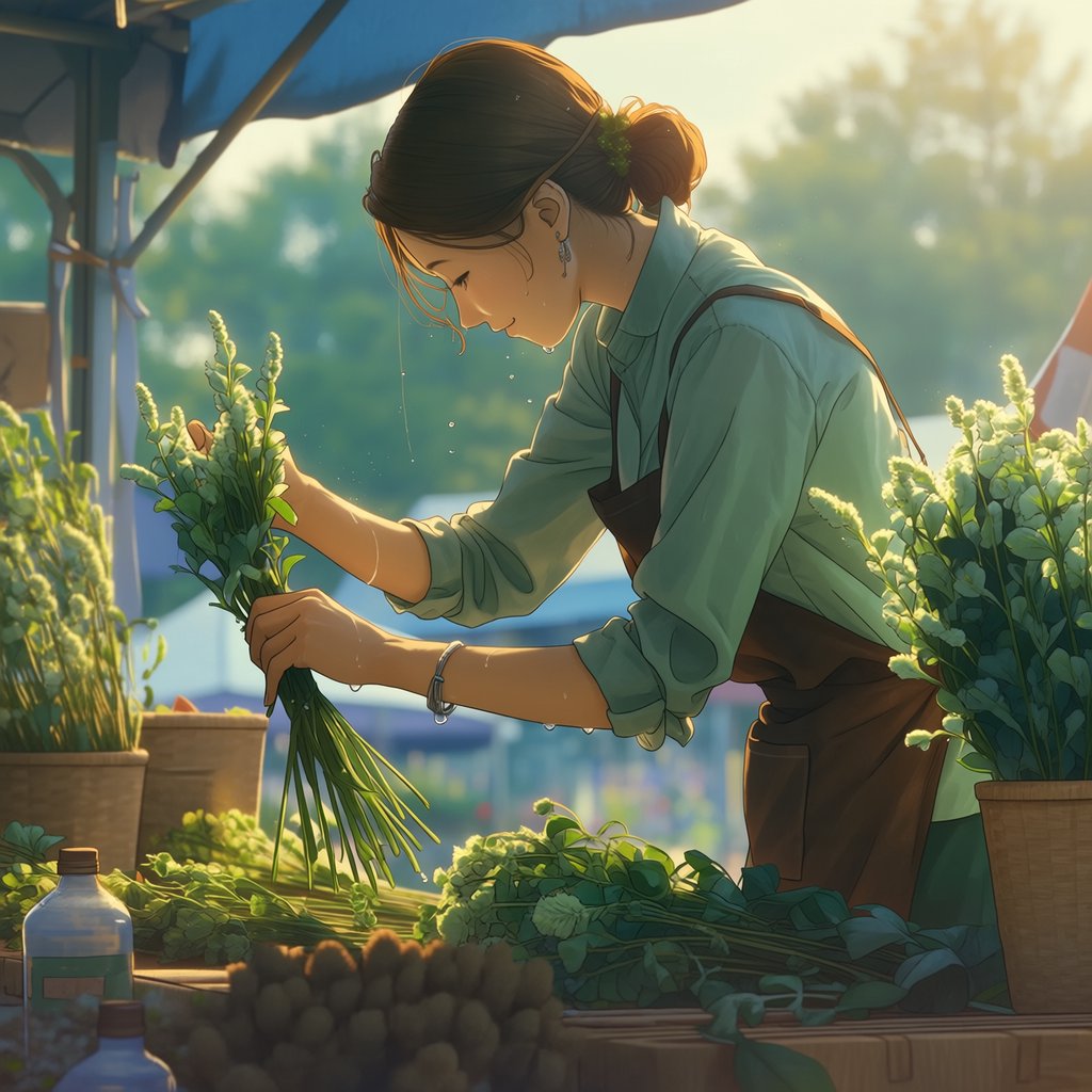 Candid documentary photograph of an adult florist arranging loose stems at an outdoor market stall, soft early-morning side light, 50mm lens with shallow depth of field, tiny water droplets beading on the cut leaves. — Midjourney Niji 7
