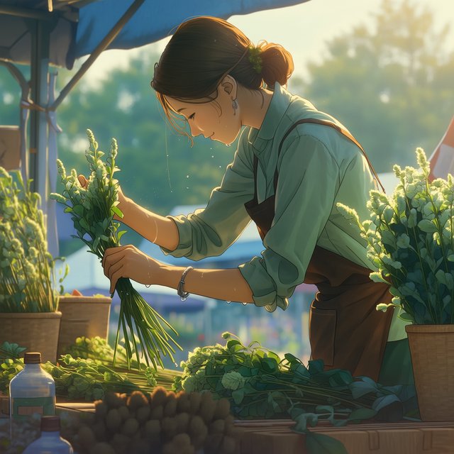 Candid documentary photograph of an adult florist arranging loose stems at an outdoor market stall, soft early-morning side light, 50mm lens with shallow depth of field, tiny water droplets beading on the cut leaves. — Midjourney Niji 7