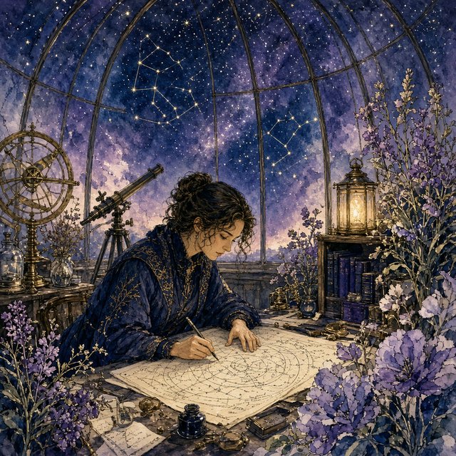 Ink-and-watercolour illustration of an adult astronomer mapping constellations from a glass-domed observatory, surrounded by brass instruments and flowering night plants. Indigo, lavender, and pale gold palette, delicate linework, serene atmospheric detail. — Grok Imagine Image 2