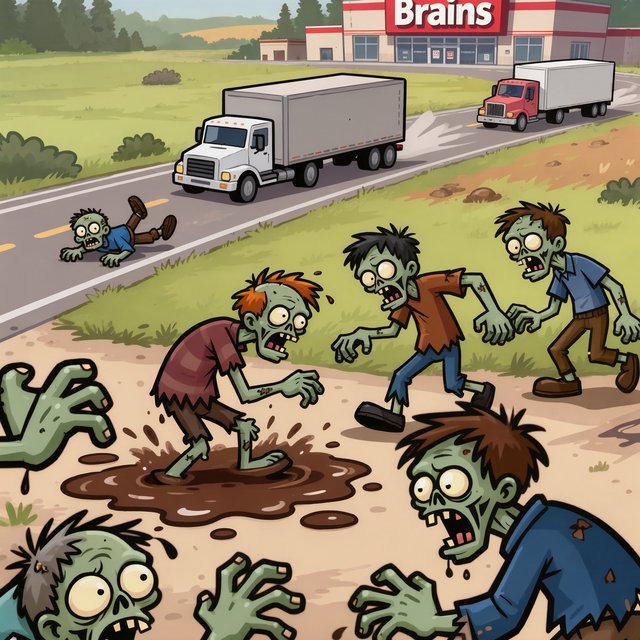 Several weird-looking zombies, some cross-eyed and some wide-eyed, are heading towards a superstore far ahead named "Brains". The superstore is located beside a highway with some trucks driving along it. The zombies are on a rural road connecting to the highway. There are patches of mud in one place on the rural road. The zombies are slipping on the mud and falling—some on their faces, some on their backs, and some on top of other zombies. A couple of fallen zombies are crawling up to the highway, where speeding trucks are passing by. Make it dramatic but funny. — Model 10