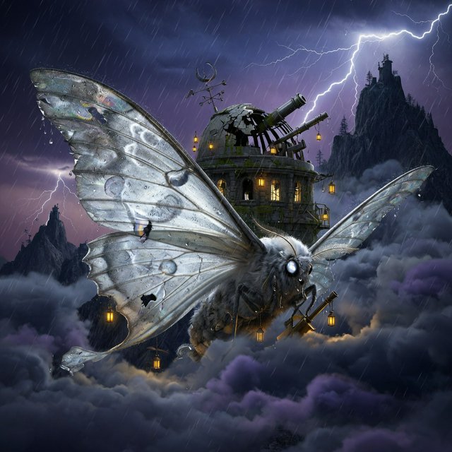 A colossal moon-moth creature glides above a stormy mountain range, its translucent wings glowing with silver veins and carrying a ruined observatory on its back. Lightning silhouettes distant peaks while amber lanterns shimmer through rain and cloud. — Grok Imagine Image Quality