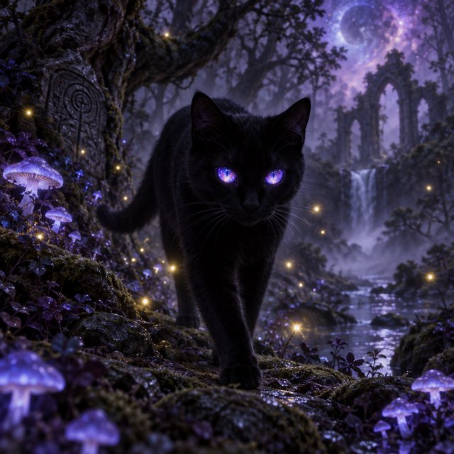 A sleek, obsidian cat with fur that seems to absorb all light, walks with quiet grace through a tranquil, mist-shrouded forest. Its eyes glow with an inner cosmic energy, reflecting distant nebulae. Ethereal fireflies drift around it, illuminating ancient, gnarled trees and glowing mushrooms. The style is deeply atmospheric, emphasizing soft focus and a palette of deep purples and blues. — GPT Image 2.5 Sunburst