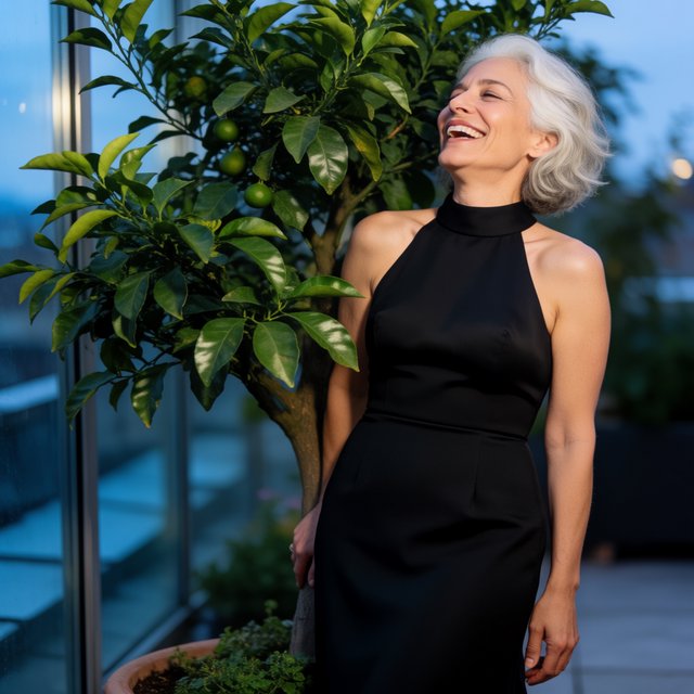 At a quiet rooftop conservatory, an adult woman in her early sixties wears a long-sleeved black evening gown, caught laughing softly beside a citrus tree as blue-hour light spills through the glass; poised styling brings fashion-magazine polish. — Model 12