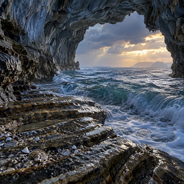 Inside a blue-grey sea cave, incoming swells curl over ribbed limestone beneath a clearing rain squall in late afternoon; wet mineral bands and shell fragments sharpen the entrance ledge, while the cavern mouth frames hazy open water. — GPT Image 2.5 Sunburst