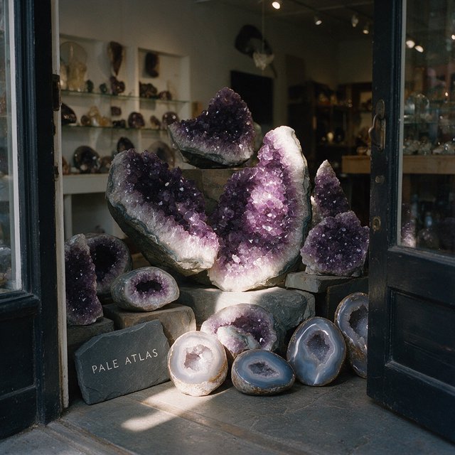 Within a quiet mineral gallery, amethyst clusters and polished geodes catch pools of light; "PALE ATLAS" is carved in clean capitals across a slate plaque beside the entrance. — Seedream 5.0 Pro