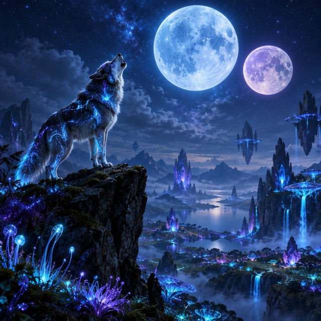 A solitary wolf, its fur subtly infused with shimmering, bio-luminescent patterns, howling at a sky filled with twin moons. The wolf stands on a cliff overlooking a vast, alien landscape dotted with strange, glowing rock formations and spectral, phosphorescent vegetation. — GPT Image 2.5 Flare